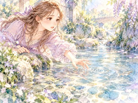 手を伸ばす女性の前から素早く泳ぎ去るメダカ