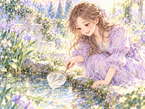 小さな網でメダカをすくい嬉しそうに見つめる女性