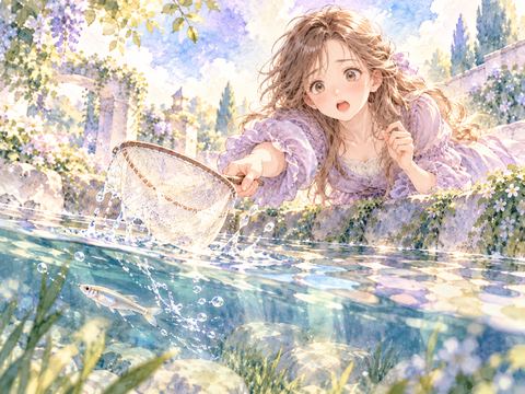網から逃げるメダカを見て悔しそうにする女性