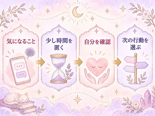 気になることが起きてから少し時間を置き、自分の状態を確認して次の行動を選ぶ流れを示す図
