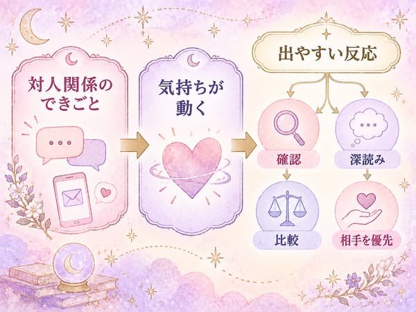 対人関係のできごとから気持ちが動き、確認や深読みなどの反応へつながる流れを示す図