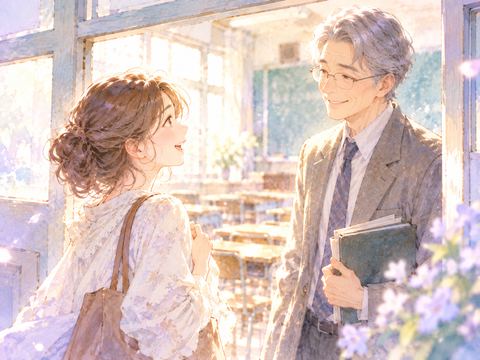 昔の教室の入り口で恩師と久しぶりに再会する女性
