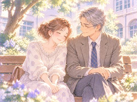 恩師の隣で肩の力を抜き安心して微笑む大人の女性