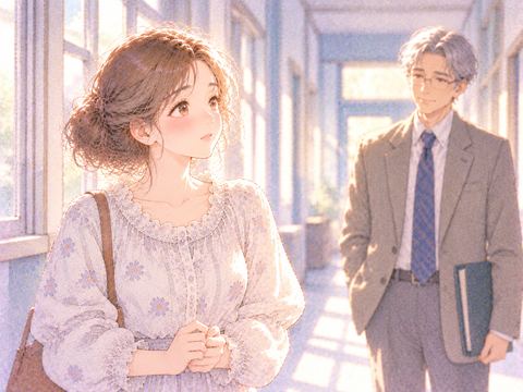 恩師の前で背筋を伸ばし緊張した表情を見せる女性