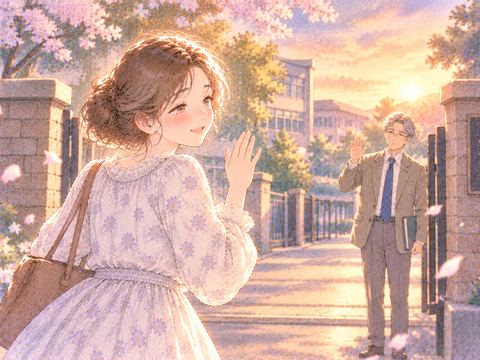 恩師に見送られ涙ぐみながら歩き出す大人の女性