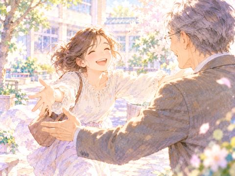 恩師に会えて満面の笑みで駆け寄る大人の女性