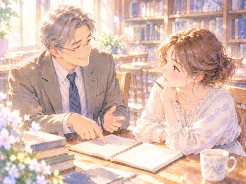恩師の助言を真剣な表情で聞く大人の女性