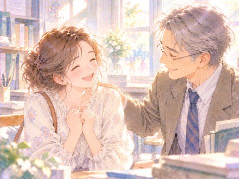 恩師に褒められて照れくさそうに微笑む大人の女性