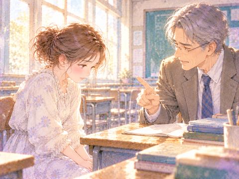 厳しい表情の恩師に叱られてうつむく大人の女性