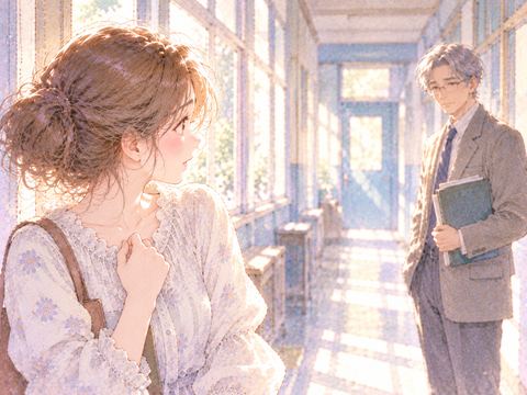何も言わずに見つめる恩師を前に戸惑う大人の女性
