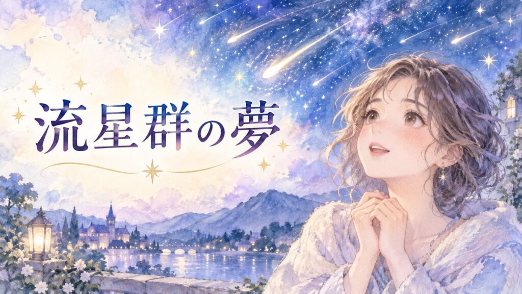 流星群を見上げて驚きと期待を浮かべる大人の女性