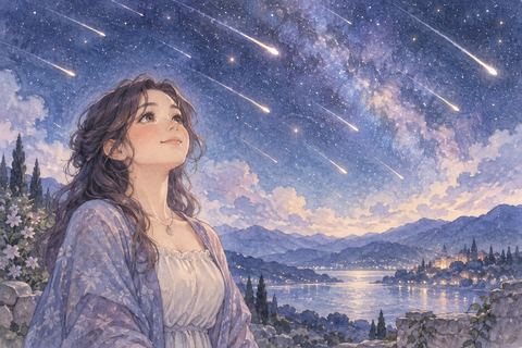 夜空の流星群を落ち着いて見上げる大人の女性