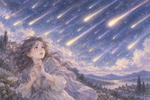 迫る流星群を怖そうに見上げる大人の女性