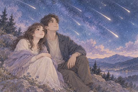 恋人と寄り添って流星群を見る大人の女性