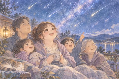 家族と一緒に流星群を見上げる大人の女性