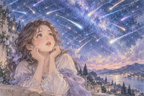 空いっぱいの流れ星に目を奪われる大人の女性