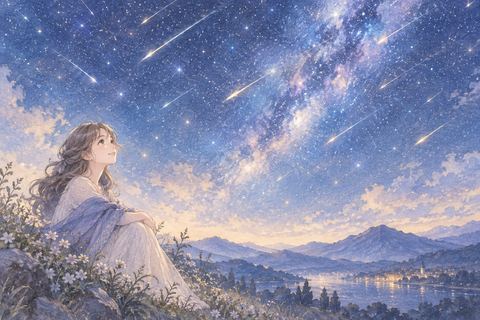 満天の星と流星群を見上げる大人の女性