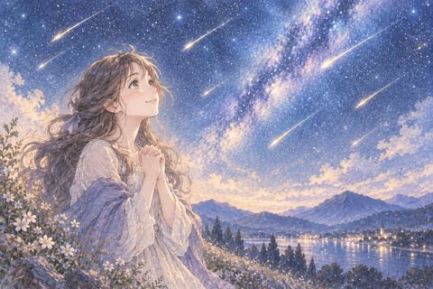 流星群へ手を合わせて願う大人の女性