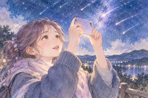 スマートフォンで流星群を撮影する大人の女性