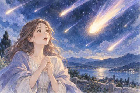 近づく流星群を驚いて見上げる大人の女性