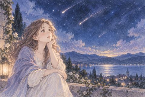 消えていく流星群を名残惜しそうに見る大人の女性