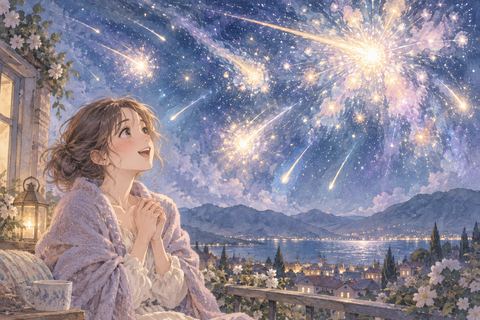 夜空で光が弾ける流星群を見上げる大人の女性
