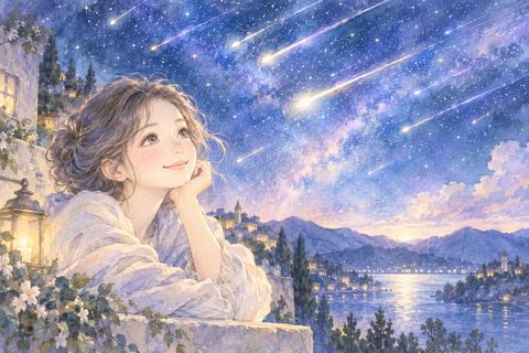 美しい流星群に見とれる大人の女性