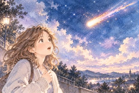 空から落ちてくる隕石を見上げる大人の女性