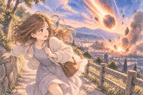 落下する隕石を横へ避ける大人の女性