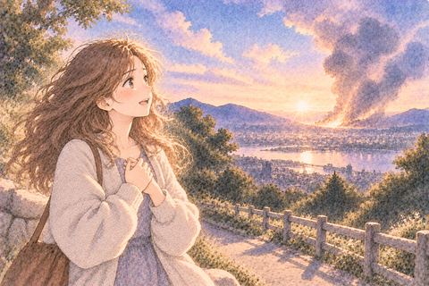 隕石落下の後に無事で安堵する大人の女性