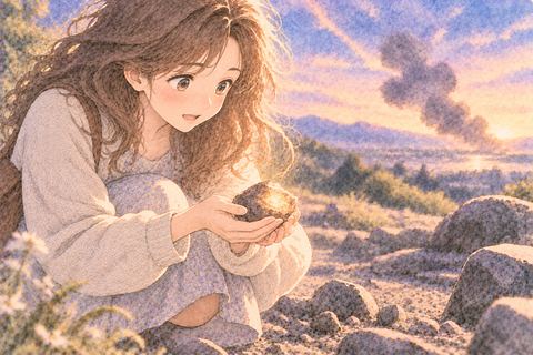 地面の小さな隕石を拾う大人の女性