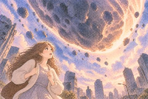 空を覆う巨大な隕石を見上げる大人の女性