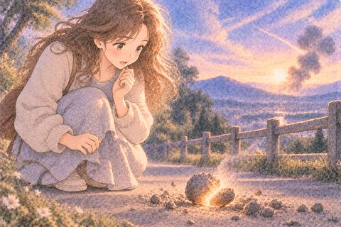 足元近くの小さな隕石を見る大人の女性