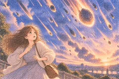 たくさんの隕石が降る空を見上げる大人の女性