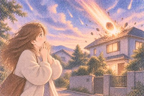 自宅に落ちる隕石を見て驚く大人の女性