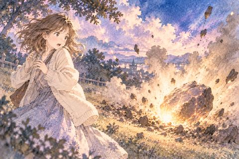 近くに落ちた隕石に驚く大人の女性