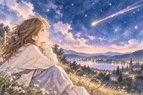 遠くの隕石を静かに眺める大人の女性