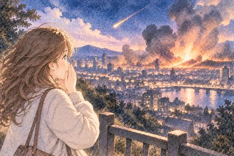 隕石の落下後に広がる火を見つめる大人の女性