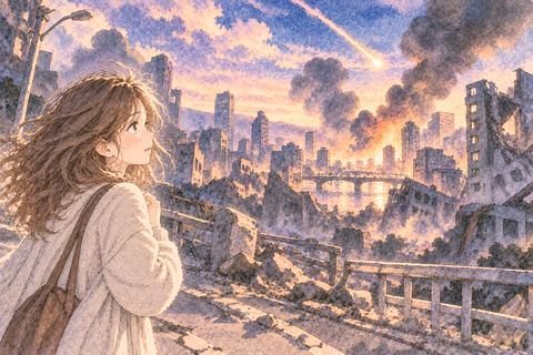 隕石で崩れた街を見つめる大人の女性