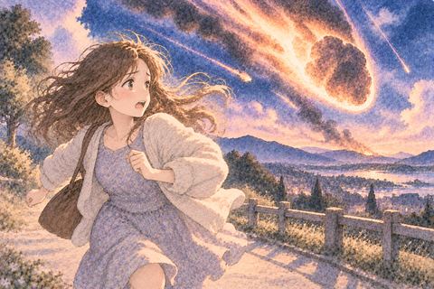 落ちてくる隕石から走って逃げる大人の女性