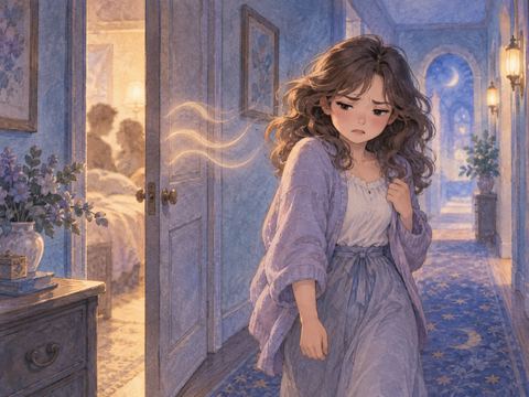 隣室から漏れる甘い声を嫌がり、廊下へ離れる女性