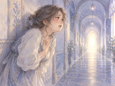 長い廊下で息を切らし、胸元に手を添える女性