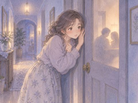 隣室からの甘い吐息に気づき、頬を染めて耳を澄ます女性
