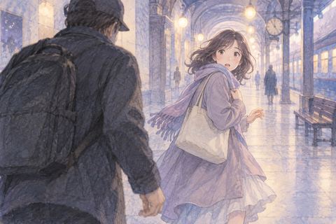 駅の通路で見知らぬ人物に近づかれ、驚いて距離を取る大人の女性