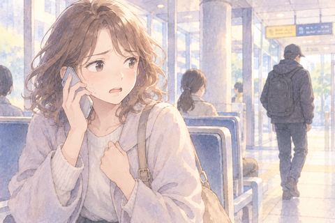 駅の待合スペースで警察へ電話し、不安そうに周囲を見る大人の女性