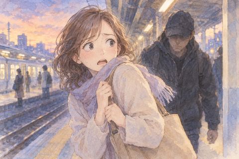 駅のホームで突然近づく不審な人物に驚き、身を引く大人の女性