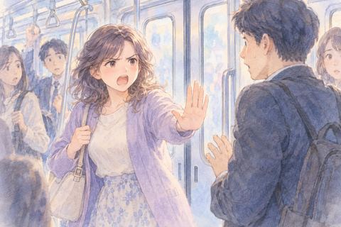 電車内で不審な男性に向かい、怒った表情ではっきり抗議する大人の女性