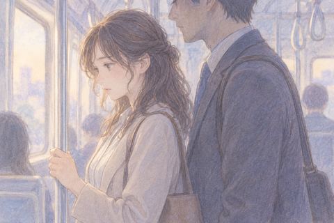 電車内で距離の近い人物を前に、困惑しながら立ち尽くす大人の女性