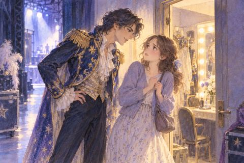 華やかな男性スターが近づき、困惑して身を引く大人の女性