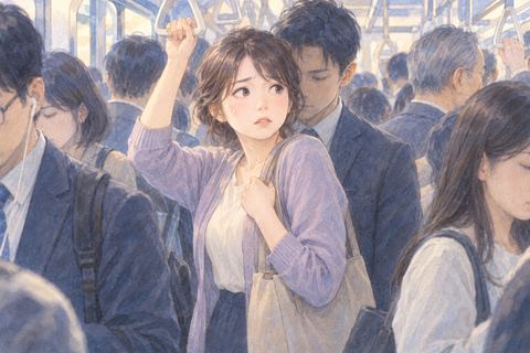 満員電車で近づく人物を避けられず、周囲を見回す大人の女性